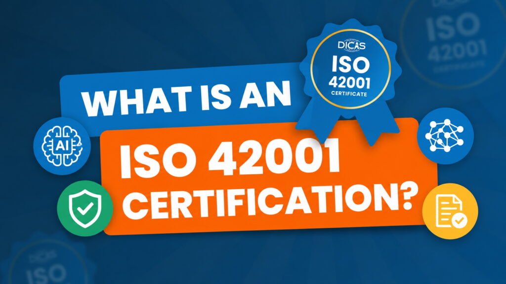 Graphic featuring the headline “What Is an ISO 42001 Certification?” on a dark blue background. The design includes icons representing artificial intelligence, information security, AI networks, compliance, and an ISO 42001 certification badge.