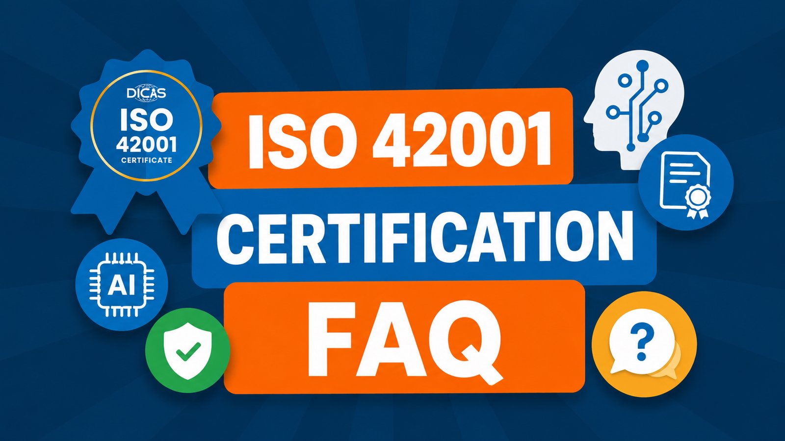 Infographic with the headline “ISO 42001 Certification FAQ” on a dark blue background. The graphic features an ISO 42001 certificate badge, icons representing artificial intelligence, compliance, information security, documentation, and frequently asked questions. The design uses bold orange and blue panels in a modern corporate style.
