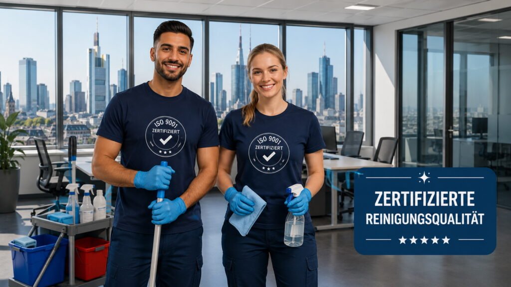 ISO 9001 Zertifizierung in der Gebäudereinigung: Warum zertifizierte Qualität den Unterschied macht ISO 9001 zertifiziertes Reinigungspersonal in einem Büro – Zertifizierte Reinigungsqualität nach ISO 9001 in der Gebäudereinigung