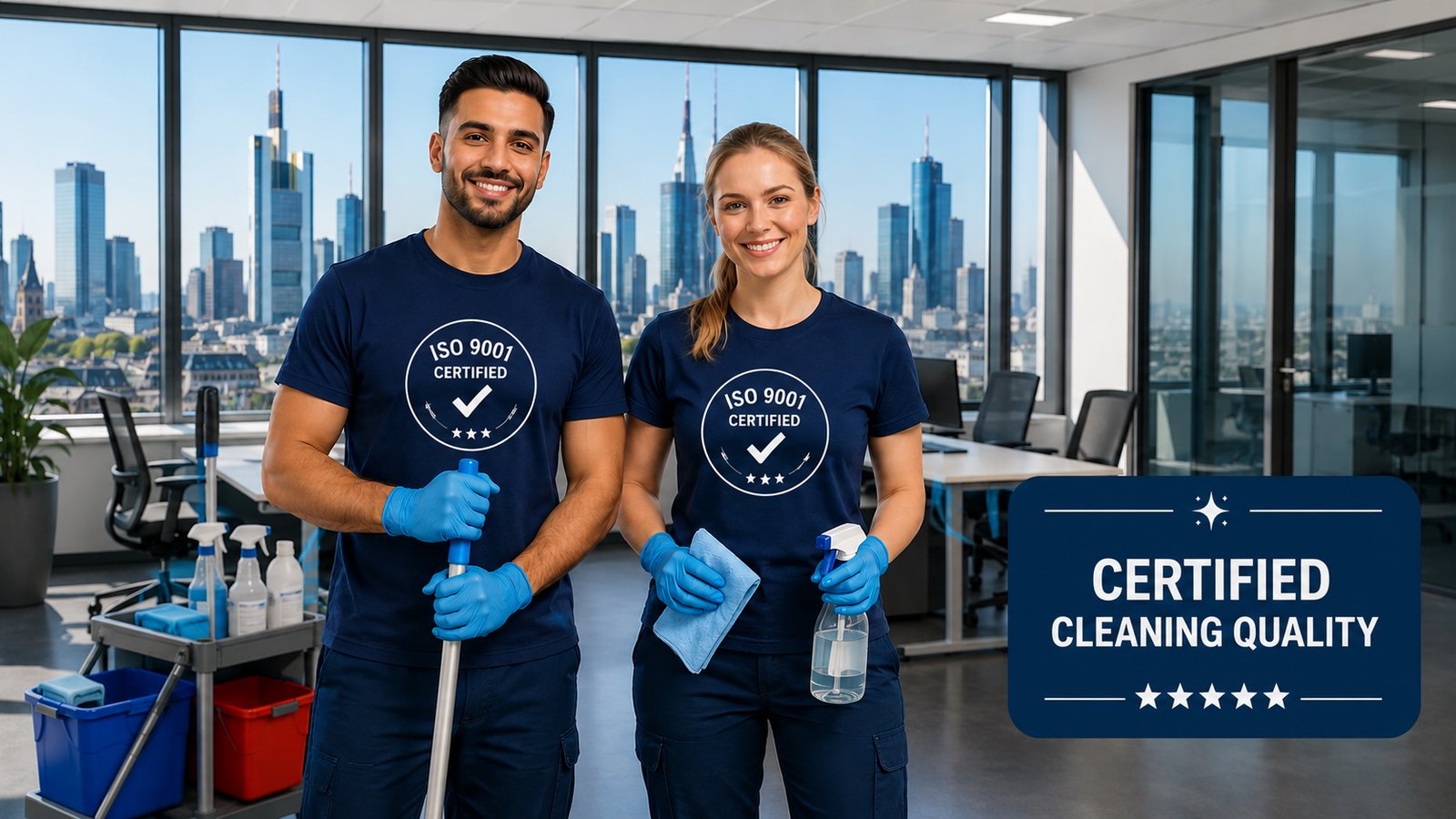 ISO 9001 certified commercial cleaning staff in an office – Certified cleaning quality backed by ISO 9001 certification