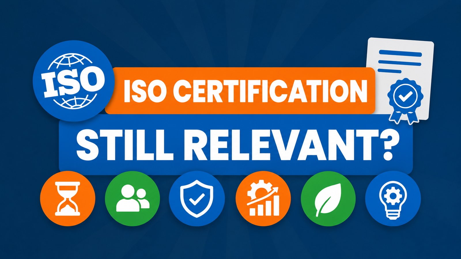Graphic asking “Is ISO Certification Still Relevant?” featuring icons for certification, security, sustainability, innovation, growth, and quality management on a dark blue background.