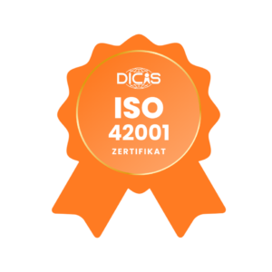 ISO 42001 Zertifizierungssiegel für ein zertifiziertes KI-Managementsystem