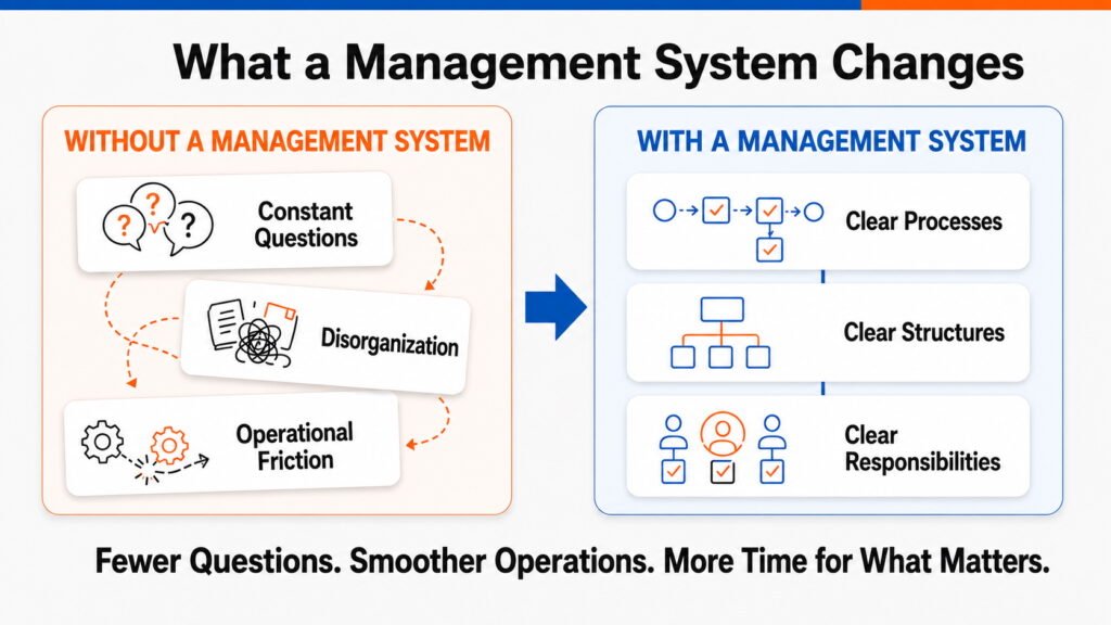 Infographic comparing a business without a management system—constant questions, disorganization and operational friction—with one using clear processes, structures and responsibilities.